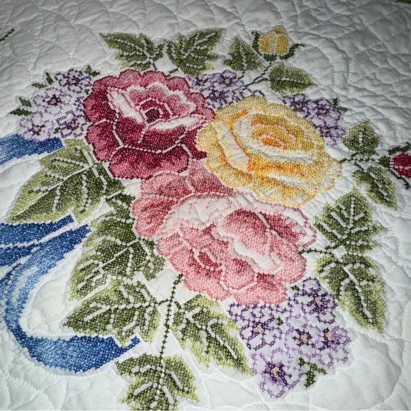 Vintage Quilt Embroidered Handsewn Cross Stitch Bedspread Flowers Ribbons 84x84” - Picture 7 of 13